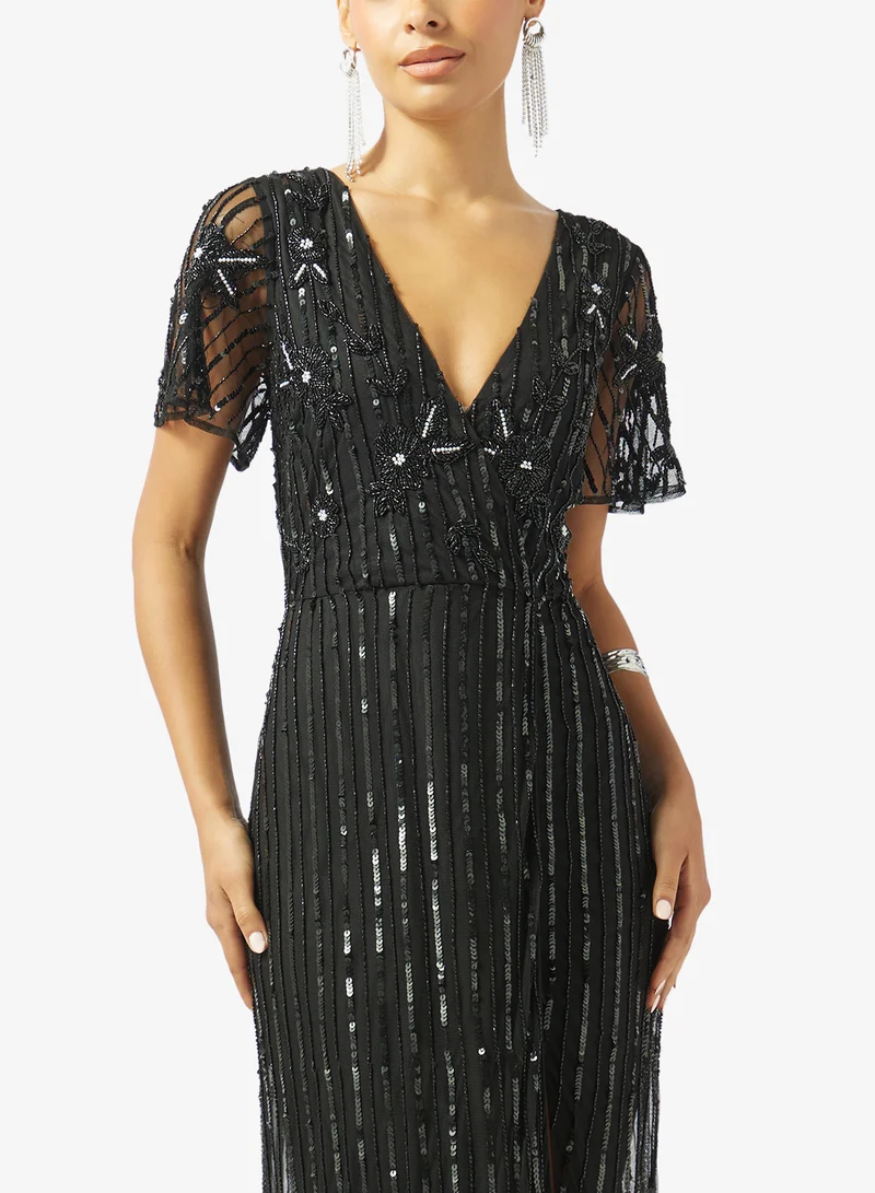 Namshi x  V Neck Bead Embellished Evening Gown with Slit for Women | Best Price UAE